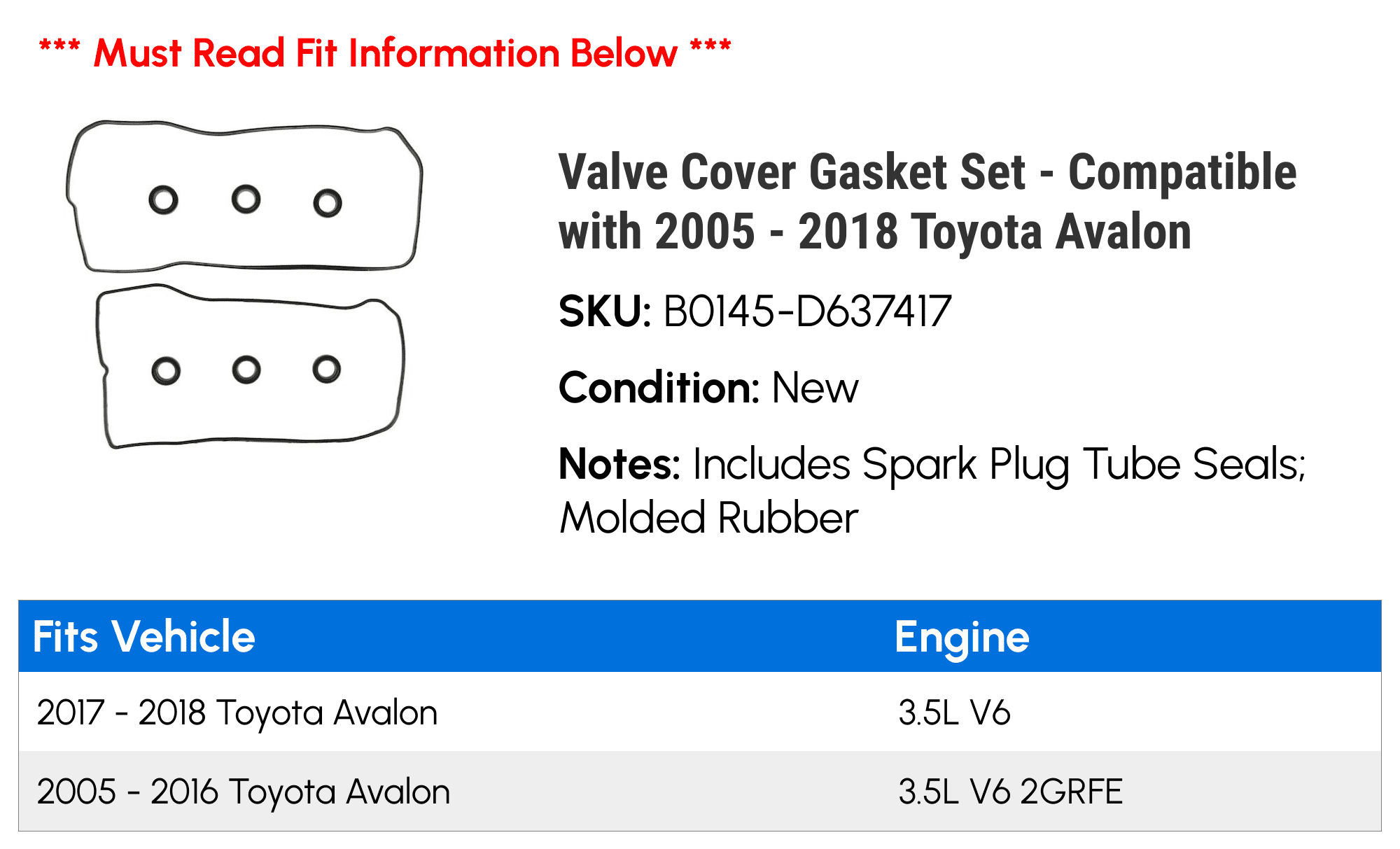 Valve Cover Gasket Set - Compatible with 2005 - 2018 Toyota Avalon 2006 2007 2008 2009 2010 2011 2012 2013 2014 2015 2016 2017