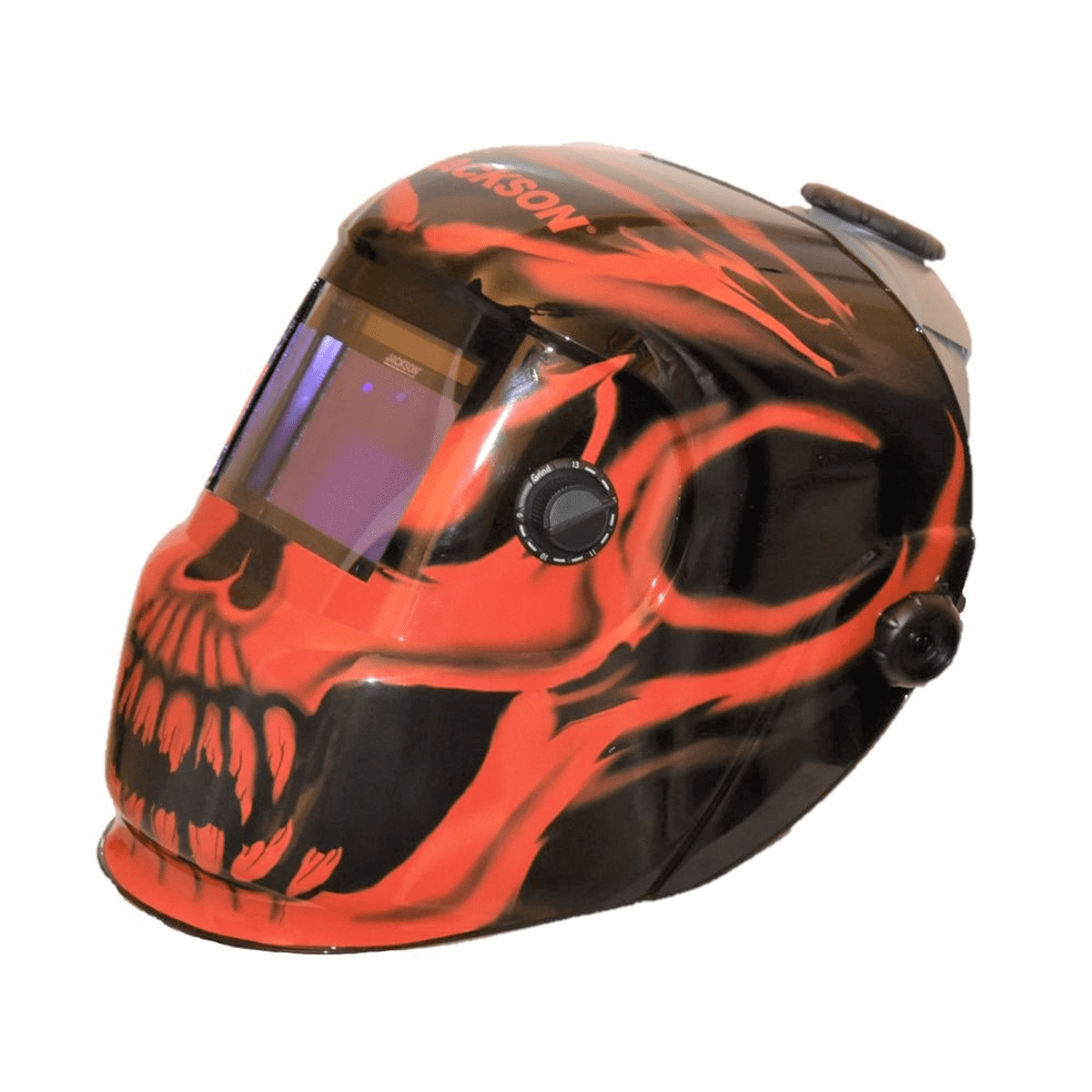Jackson Safety Welding Helmet - Auto Darkening - Nylon - 3.94" x 2.36" Viewing Area - Shade 4/9-13 Variable with Grind ADF 1/1/1/2 - 370 Speed Dial Headgear - Bead Demon Graphics