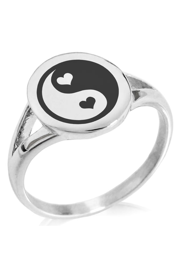 Stainless Steel Love Heart Yin Yang Minimalist Oval Top Polished Statement Signet Ring