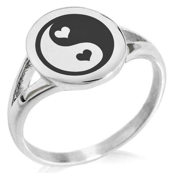 Stainless Steel Love Heart Yin Yang Minimalist Oval Top Polished Statement Signet Ring