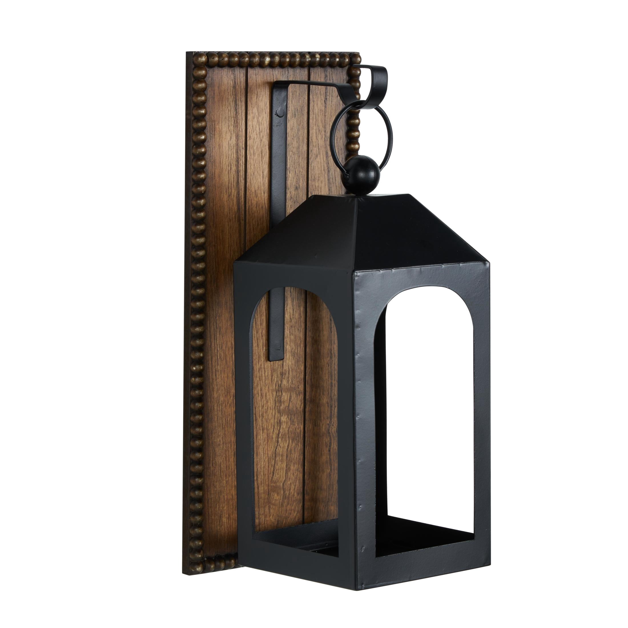 DecMode Black Metal Abstract Suspended Arched Cutout Wall Sconce with Brown Wood Backing and Beaded Edge