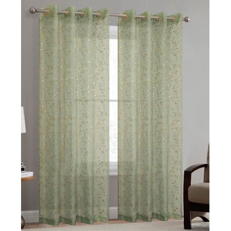 38 Inch Sage - Haven Metallic Leaf Vine Grommet Sheer Window Panel, Sage-Gold, 54x84 Inches