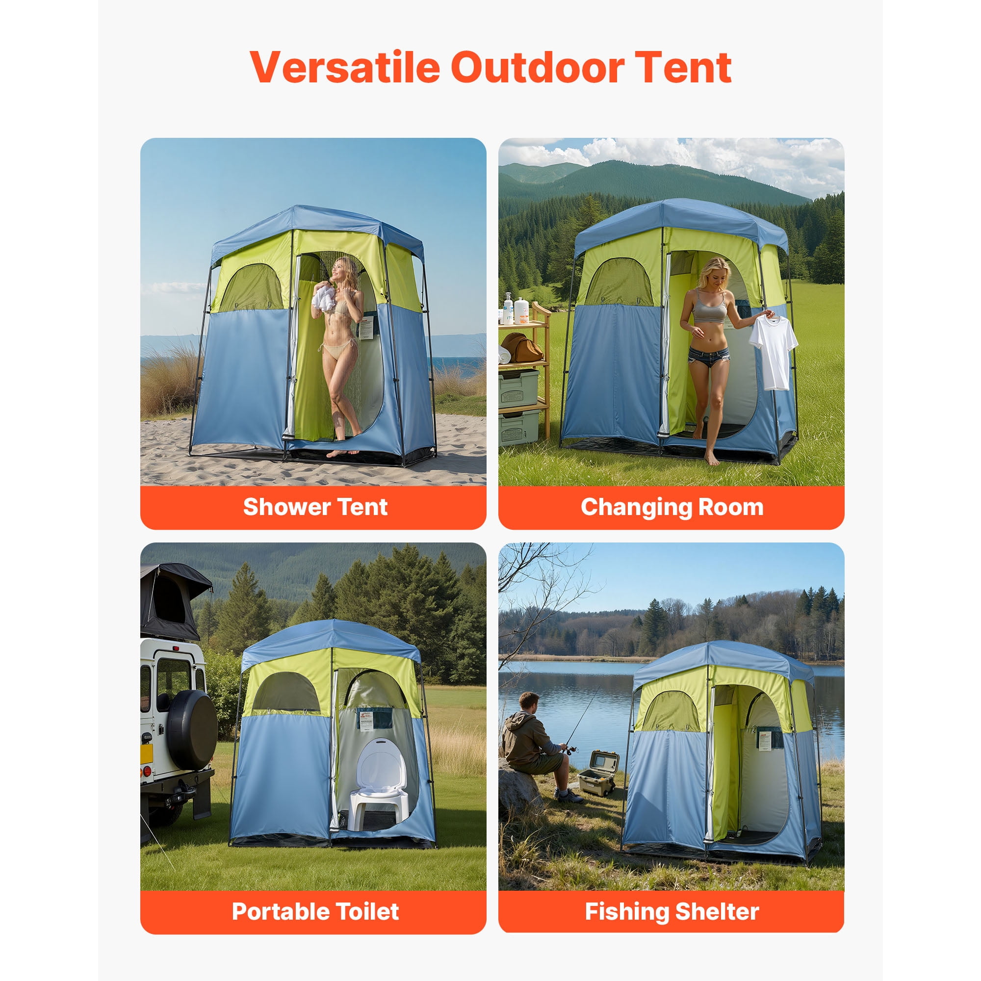 KFFKFF Portable Privacy Tent with Two Compartments, Includes Shower Bag, Ground Stakes, Ropes, Carry Bag, and Support Poles, Made of Durable 150D Oxford Fabric with Silver Coating
