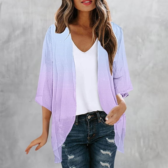 VEKDONE Cardigan for Women Chiffon Kimono Open Front Outwear Summer 3/4 Sleeve Loose Fit Cardigans Casual Lightweight Breathable Beach Cover Ups Purple XXL