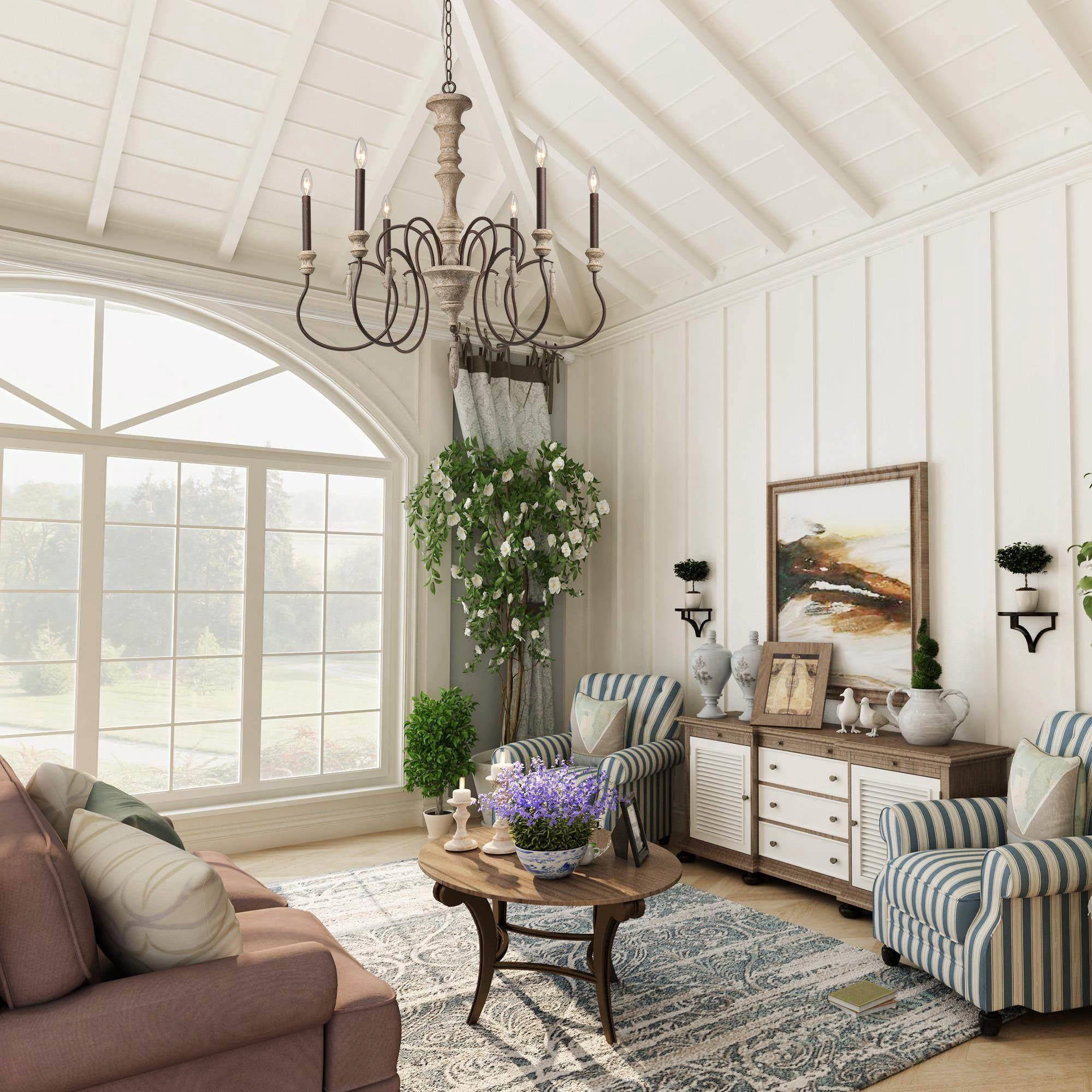 LNC Lupus 31'' Large 6 -Light Distressed Off-white Metal Wood Chandelier