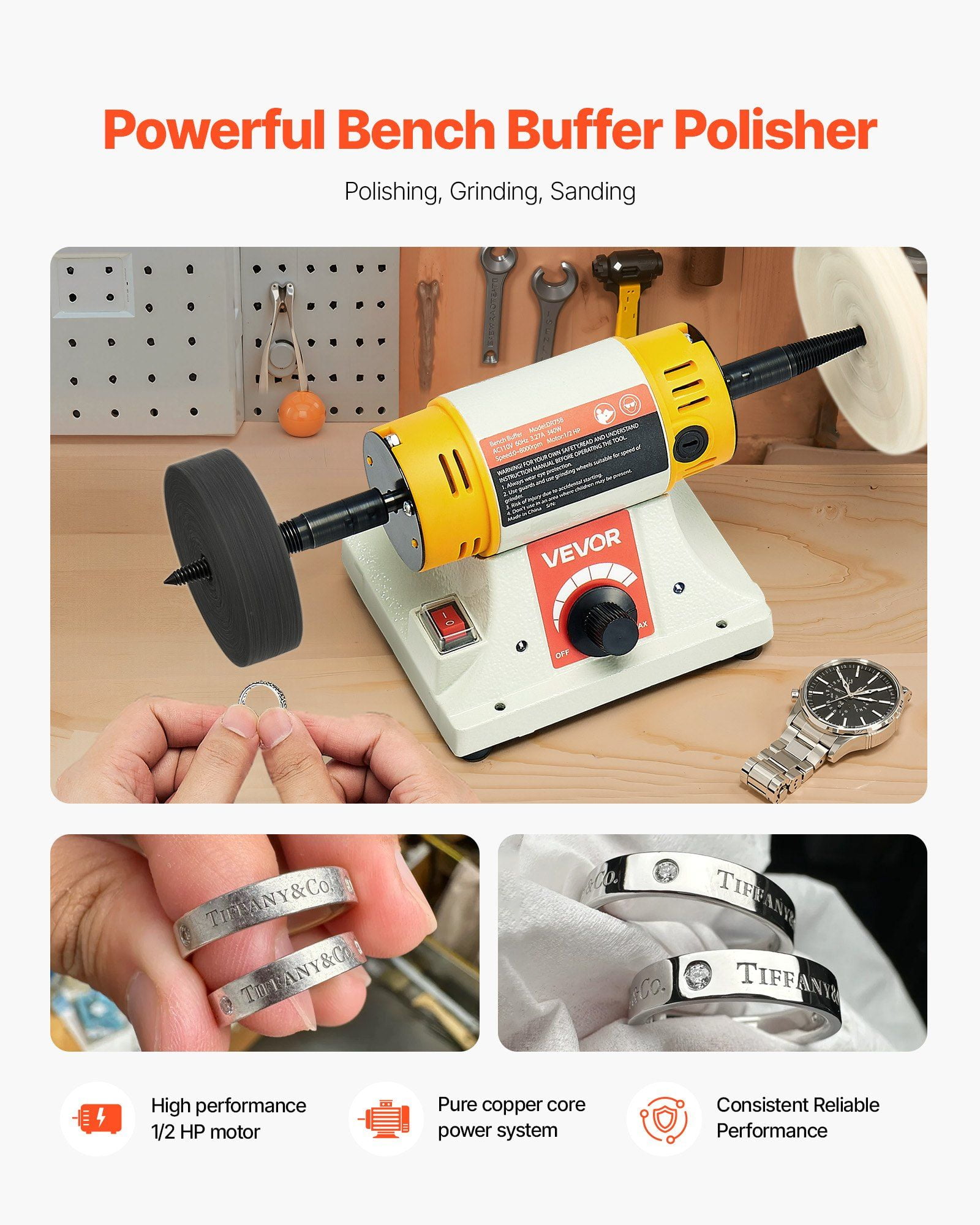 1/2HP Bench Buffer Polisher, 0–8000RPM Variable Speed Bench Grinder with 3-inch & 4-inch Wheels, Cast Aluminum Base, Complete Accessory Kit, Compact & Portabl