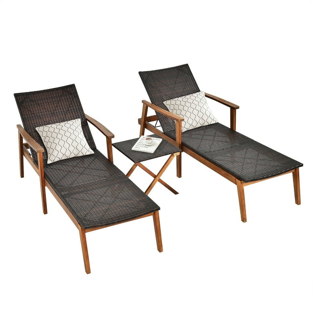 Patiojoy Ensemble de 3 Chaises Longues Chaise Longue Pliante à 4 Niveaux Réglable pour l'Extérieur Plage avec Table d'Appoint en Osier