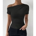 thumbnail image 5 of off the Shoulder Tops for Women Going Out Summer Top Short Sleeve T Shirts Asymmetrical Blouses Black S, 5 of 7
