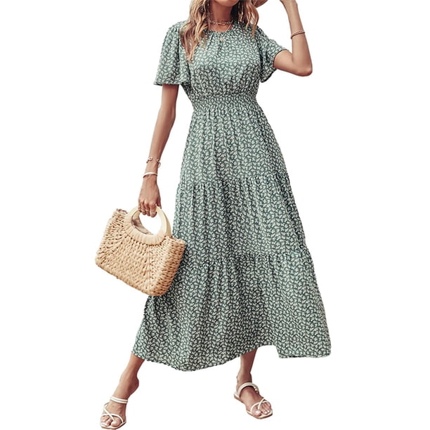 Lucakuins - Vestidos largos casuales de verano para mujer, cuello redondo, manga corta, estampado floral, estilo bohemio