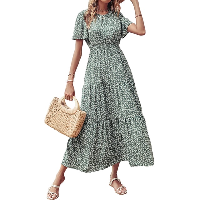VISgogo Vestido largo para mujer, cuello redondo, manga corta, cintura elástica, estampado floral, estilo bohemio, vestidos casuales VISgogo moda