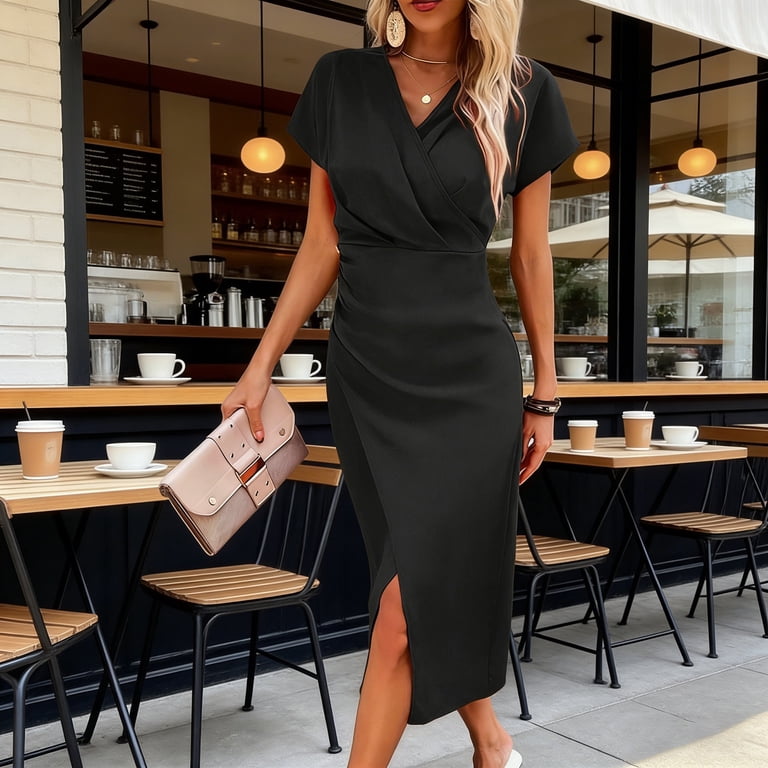 Lifetechs Women's Bodycon Midi Dress Short Sleeve V Neck Ruched Cocktail Party Dress Formal Slit Office Work Business Outfit Black