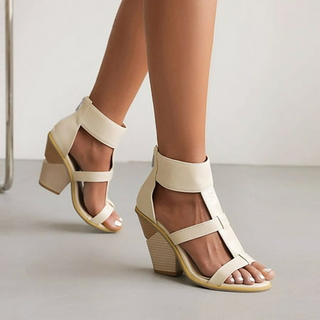 

Hvyes Chunky Heel Sandals for Women Cut Out Peep Toe Zipper Block Heel Sandals Summer Beach Dressy T-Strap Party High Heeled Sandals