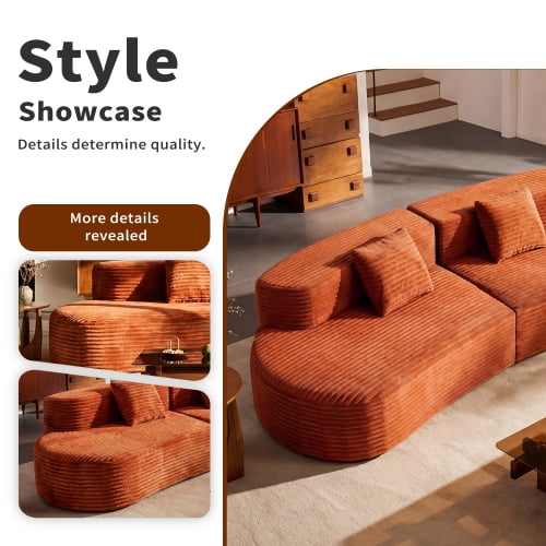 Howcool Boneless Cloud Couch 108.6", Curved Modular Compression Sofa, Deep Seat Corduroy Foam Couch, Sectional Floor Sofa in a Box, No Assembly, 4 Seater, Orange(Thick Sponge)