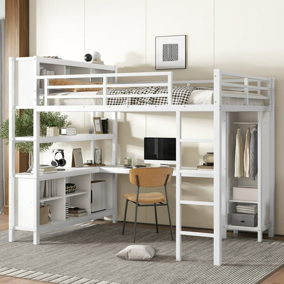 New Metal Loft Bed with Wardrobe And L-shaped Desk, Queen Size Loft Bed with Storage Cubes and Shelves, Heavy Duty Loft Bed Adults, White