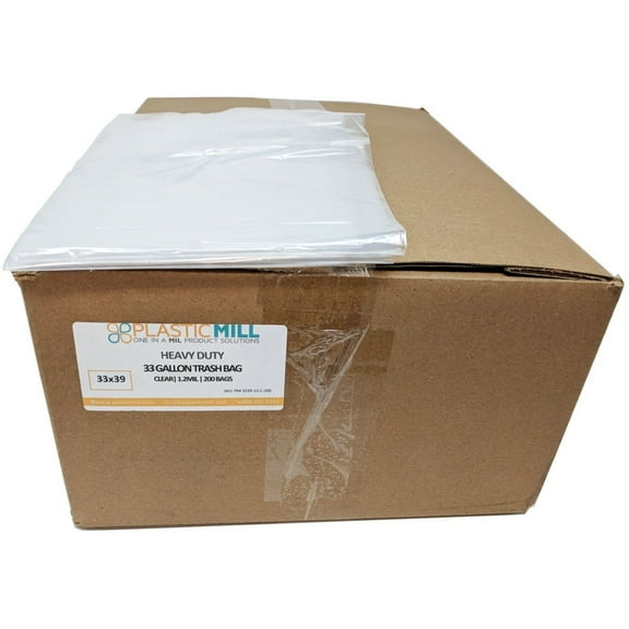 PlasticMill 33 Gallon, Clear, 1.2 MIL, 33x39, 200 Bags/Case, Garbage Bags / Trash Can Liners.