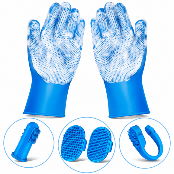 6-Piece Dog Washing Gloves and Bath Brush Set - Pet Grooming Kit with Soft Silicone Shower Brush for Dogs, Cats - Pet Bathing Supplies for Showerhead & Sprayer (Navy Blue)