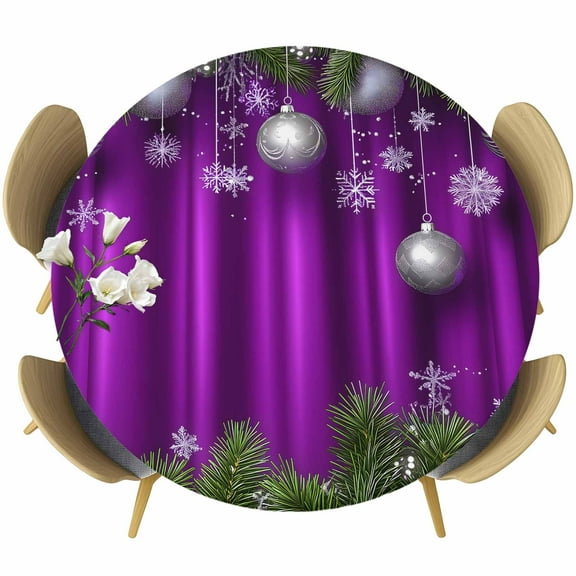 Purple Christmas Round Tablecloth 36-44 Inch Round Fitted Table Cloth with Elastic Edge, Xmas Balls Botanical Snowflake Waterproof Table Cover Protector for Outdoor Picnic Party Dining