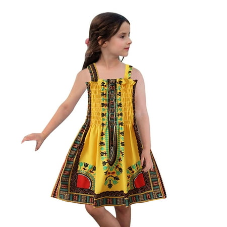 

HTGFGMGW Baby Girl Clothes Toddler Girls Traditional Style Sleeveless Suspenders Dress Kids Ankara Princess Dresses Baby Girl Gifts Yellow