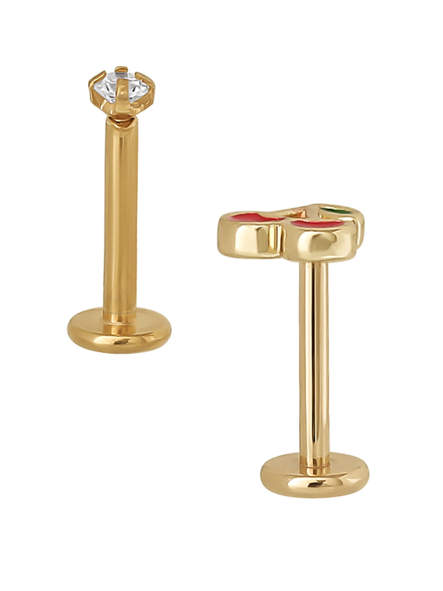 No Boundaries Women's Gold Tone Stainless Steel Cherry and Cubic Zirconia Flatback Cartilage Earrings, 2 Piece Set
