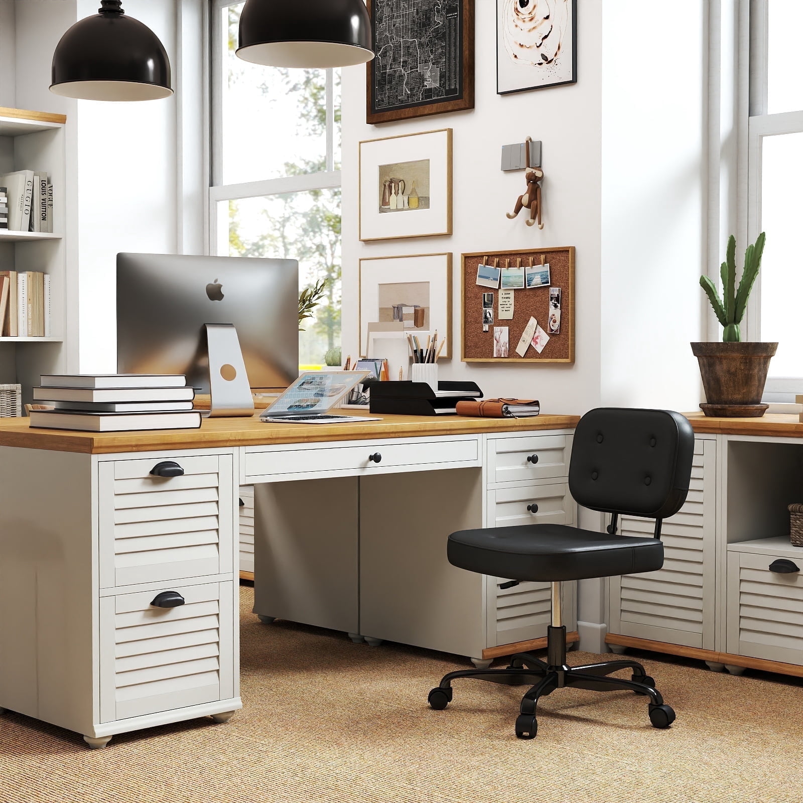 YERAIRR Armless Office Chair with Wide Seat,Home Computer Desk Chair Thickened Cushion PU Leather Swivel Upholstered Vanity Chair