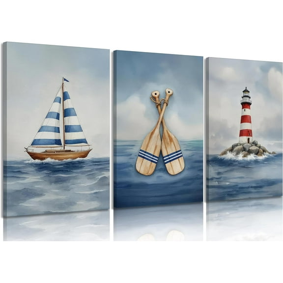 3pc Nautical Sailboat Kids WallOcean-Themed Lighthouse Canvas Prints Blue Sea Painting Poster Blue Sailboat And Oars Seaside Posters Wallfor Children's Room And Nursery Wall Decor