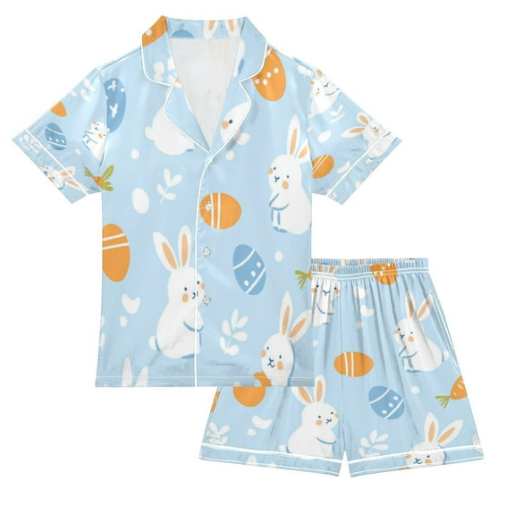 Silky Satin Kids' Pajama Set Breathable & Smooth Unisex Button-Down Pajamas Easter-themed Pattern