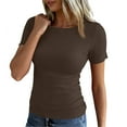 thumbnail image 2 of WULMLEO Womens Summer Short Sleeve T-Shirt Ribbed Knit Crew Neck Slim Fitted Basic Casual Top Brown L, 2 of 5