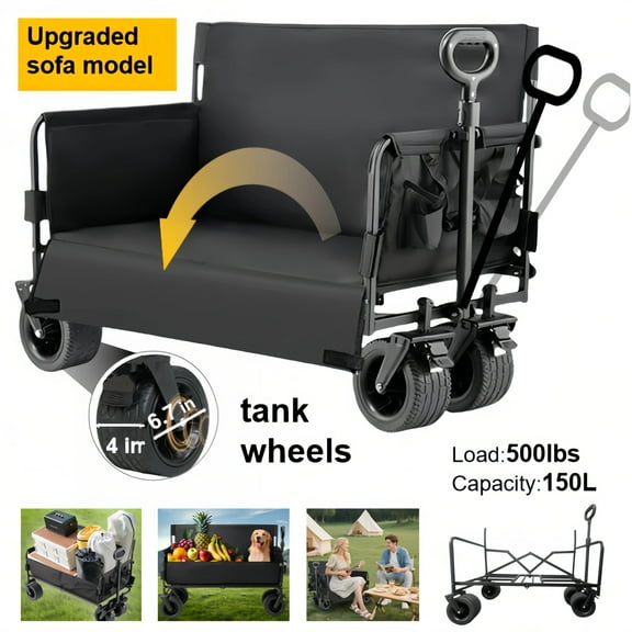 Wagon Foldable Cart Convert to Bench, Sofa Campers Collapsible Heavy Duty Cart with Wheels, All Terrain Camping, Utility Grocery Wagon for Beach, Shopping, Garden, Sports and Fishing，Black