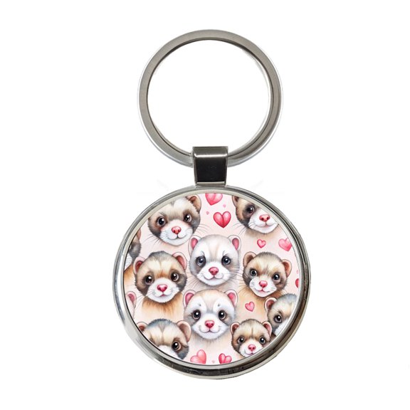 Cute Ferret Faces Hearts Watercolor Metal Round Keychain