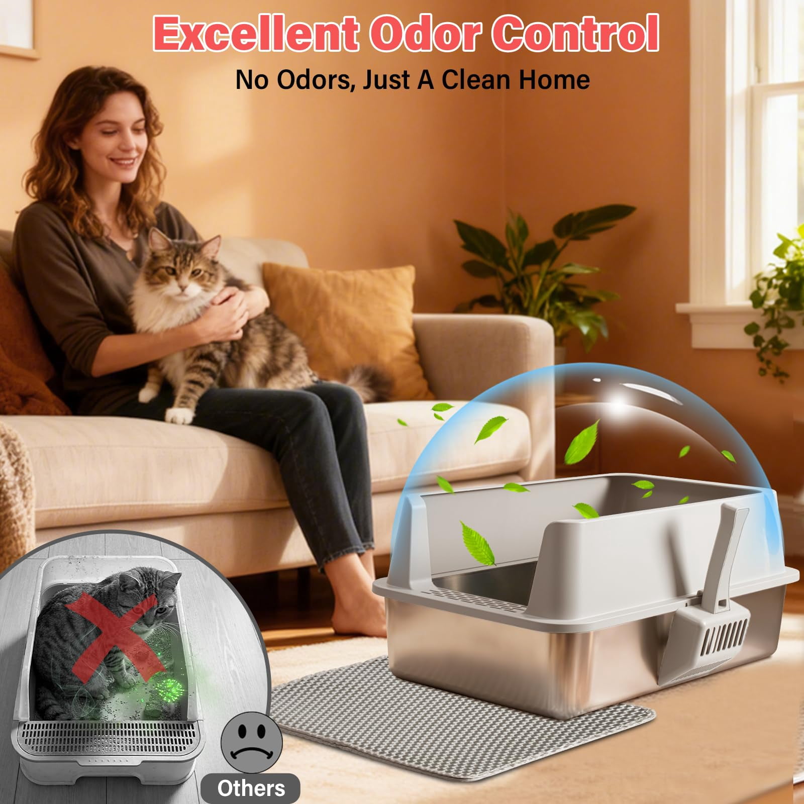 Stainless Steel Cat Litter Box With Lid  Xl Metal High Sided Odor-free/anti-urine Leakage & Non-stick Extra Large Mat Scoop For Multiple/big Cats Easy Cleaning (grey)