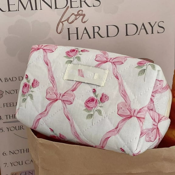 Bow Flower Cosmetic Bag Retro Style Quilted Soft Washable Makeup Pouch for Women Girls Travel Storage Organizer