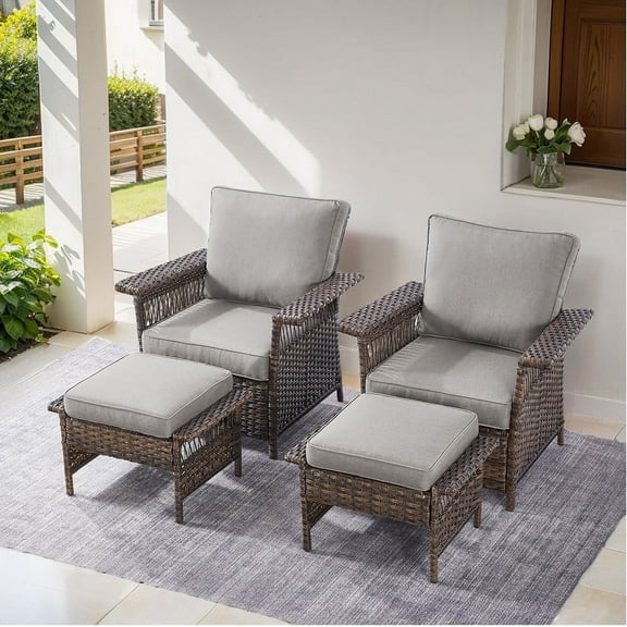 PARKWELL 4-Piece Outdoor Wicker Cushioned Lounge Chair with Ottoman Seat Foot Rest,Outdoor Rattan Wicker Conversation Furniture Sets,Gray