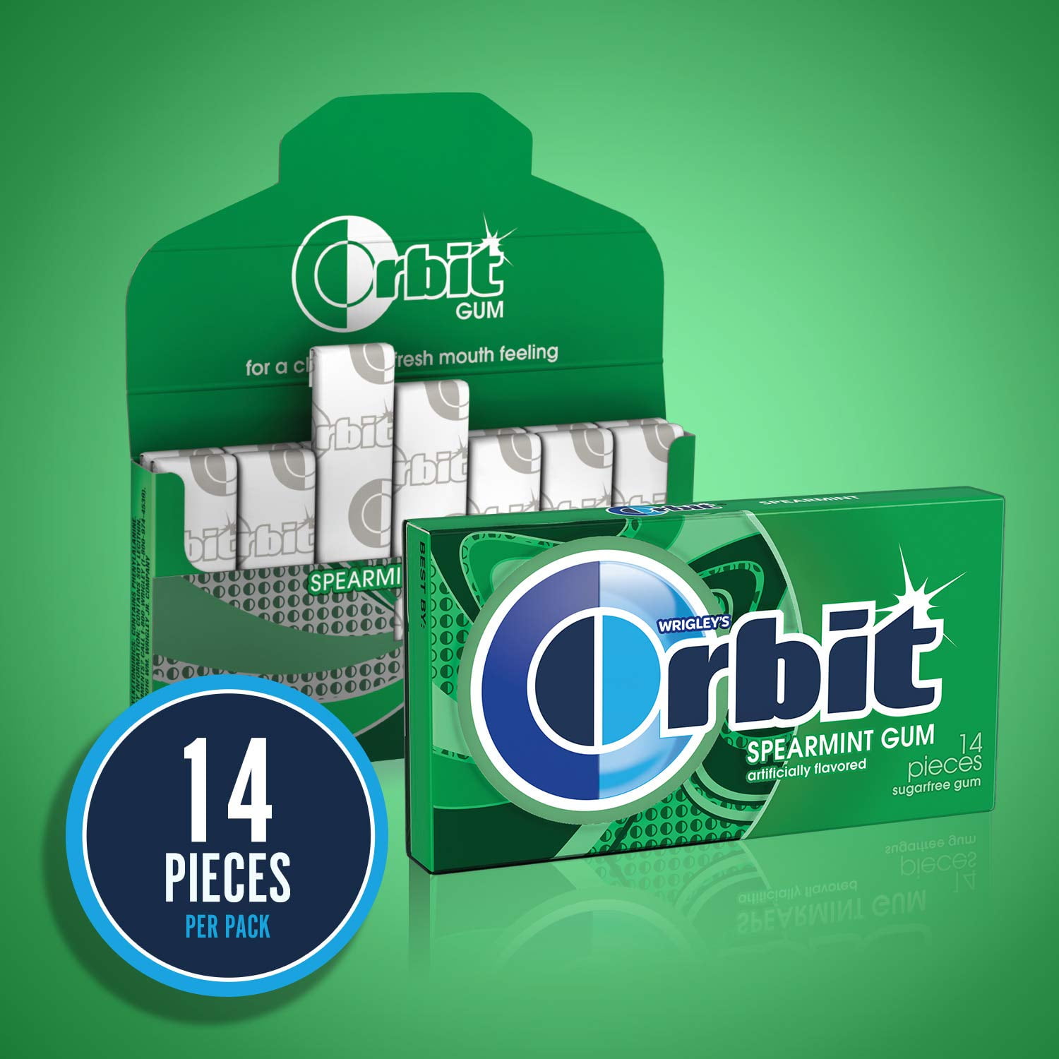 ORBIT Spearmint Sugar Chewing Gum, 12 Packs of 14-Pieces (168 Total Pieces)