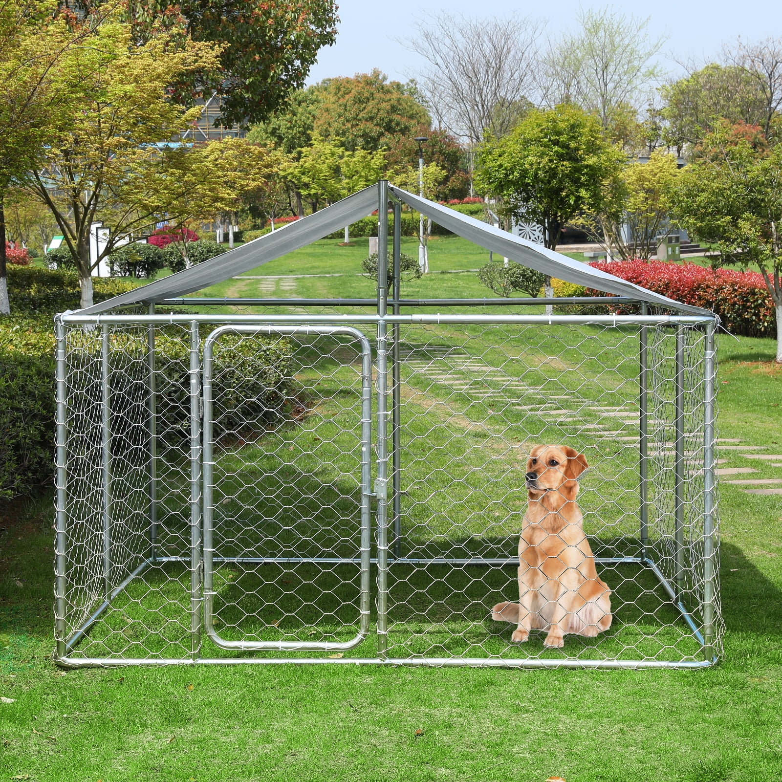 Dog Kennel Outdoor Metal Dog Cage Outside Dog Fence Pet Enclosure Fencing with Water-Resistant Cover Roof Backyard Dog Run House (Basic) -