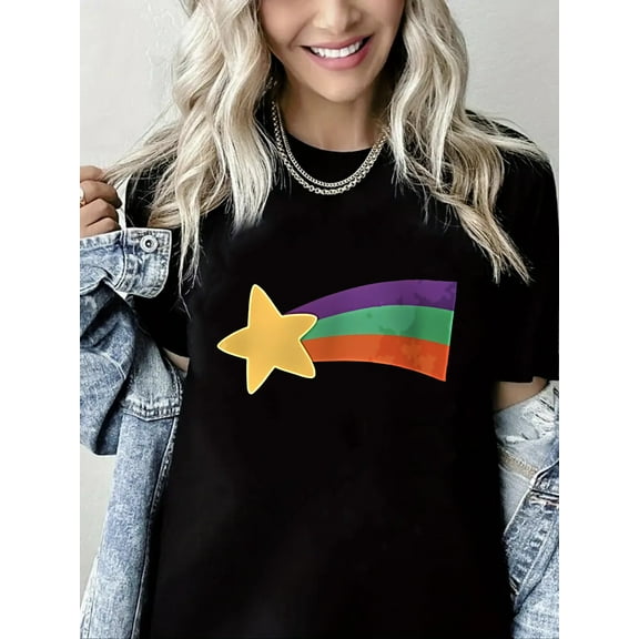 Crewneck Tshirt Star and Rainbow Print Pure Cotton Short Sleeve Shirt for Women