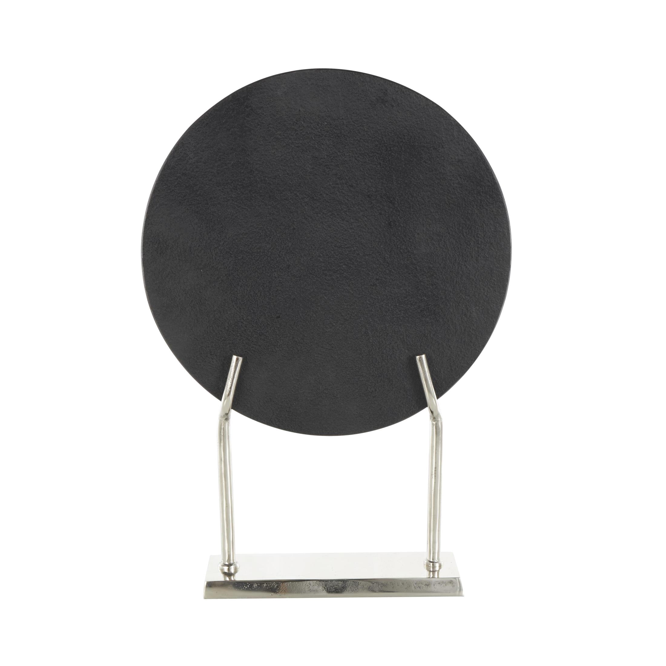 14" x 20" Black Marble Textured Disk Abstract Sculpture with Silver Stand, by DecMode