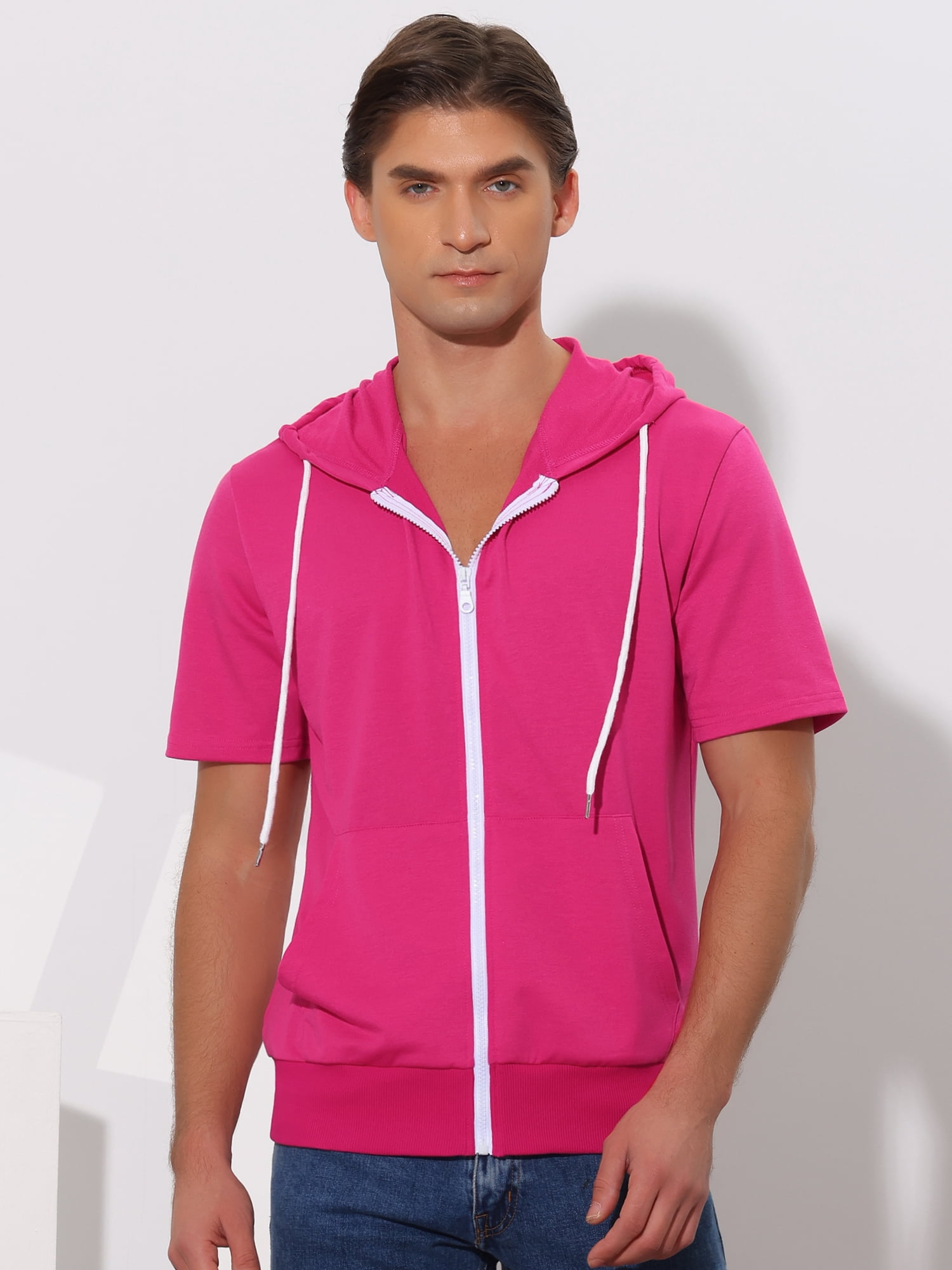 Unique Bargains Men's Short Sleeve Solid Color Zip Up Sport Hoodies L Rose Red