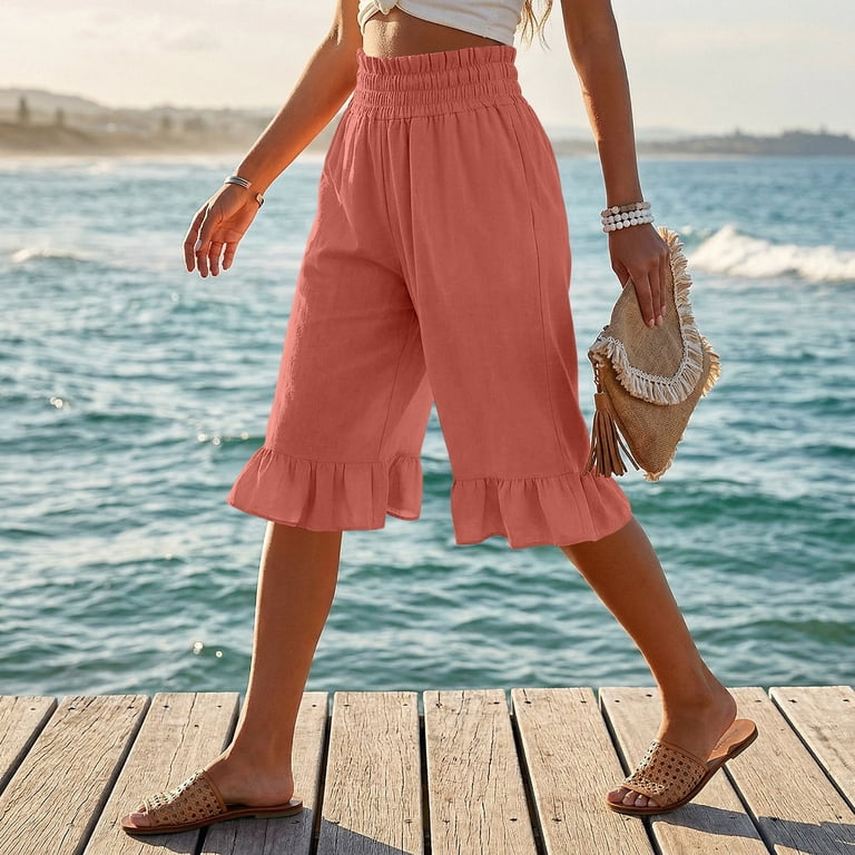 Cotton Linen Ruffle Hem Culottes for Women 2026 Casual Lightweight