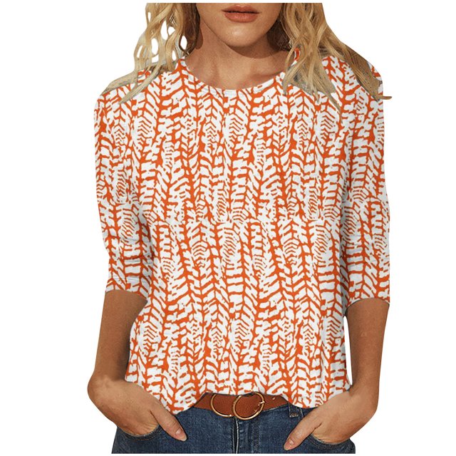 Pompotops Mode Femme Col Rond T-Shirt Manches 3/4 Blouse Imprimée Hauts Chandail en Molleton Liquidation