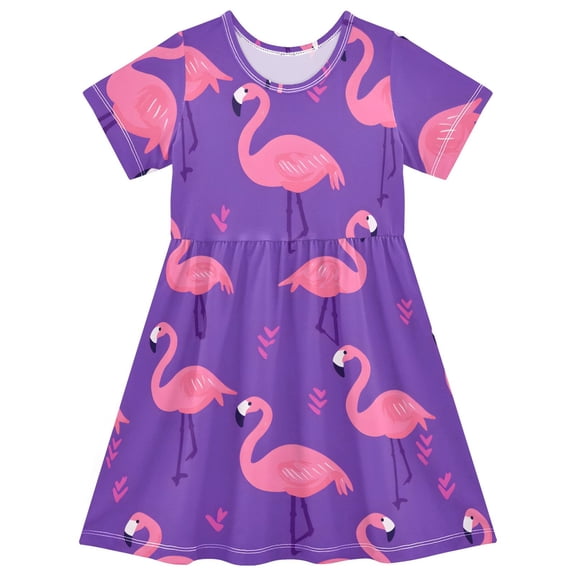 Heart Pink Flamingos Girls Short Sleeve Dress A Line Sun Protection Breathable Comfort Sundress 2T