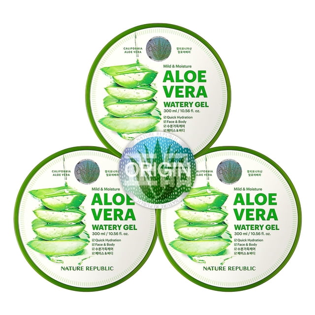 gel calmante de aloe vera nature republic 300 ml (3 unidades) Pack de tres tarros redondos en vista cenital frontal, tapas blancas con borde verde y etiqueta que muestra capas de hojas de aloe y texto verde 'Aloe Vera Watery Gel 300 ml' y '92%'; NATURE REPUBLIC en la base. Apto para hidratación facial y corporal; suele usarse también para aftershave o cabello seco.