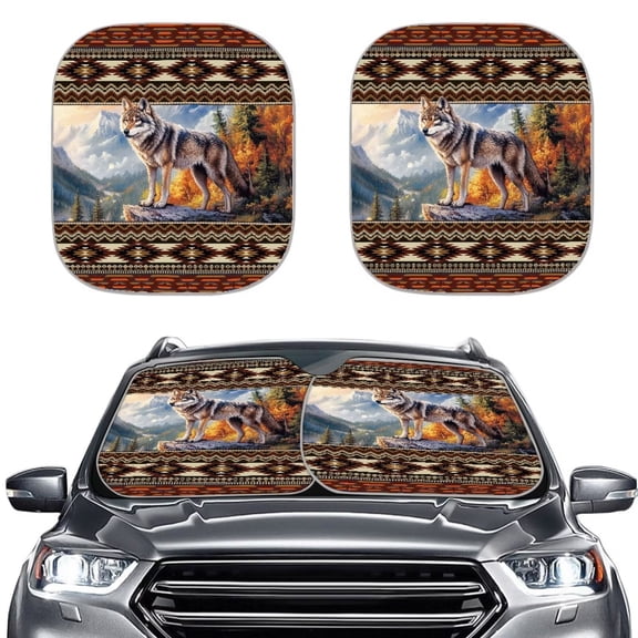 Renewold Southwestern American Tribal Wolf Car Windshield Sun Shade Set of 2 Foldable Front Windshield Sunshade Lightweight Sun Visor Universal Fit Most Vehicles