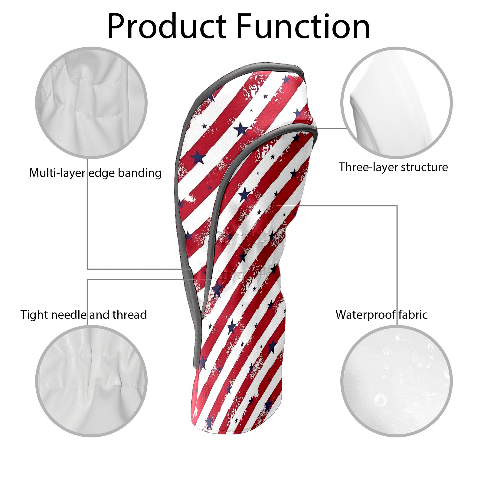 Golf Club Covers, Red Striped Star Premium PU Leather Driver Hybrid Putter Head Covers with Velvet Lining, Waterproof Golf Gifts for Men Women