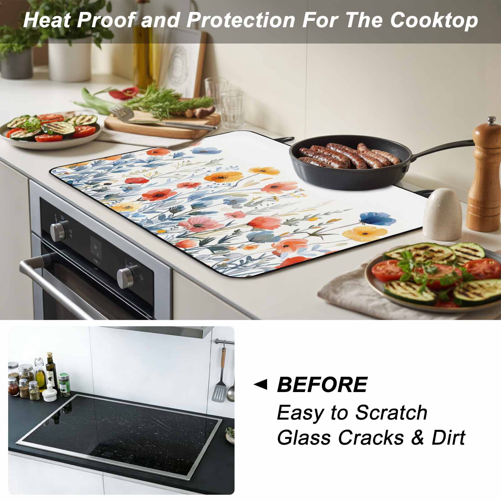 Spring Floral Stove Top Cover for Electric Stove, Heat-proof & Non Slip Glass Top Stove Cover Protector, Watercolor Elegant Summer Botanical Kitchen Flat Cooktop Rubber Mat 24x21 Inches