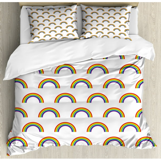 Rainbow Duvet Cover Set Queen Size, Repetitive Colorful Rainbow on a
