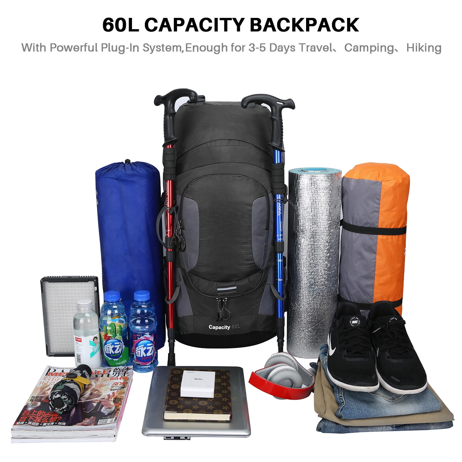 SHANNA 60L Waterproof Hiking Camping Backpack with Rain Cover Camping Rucksack Lightweight Hunting Rucksack, Black