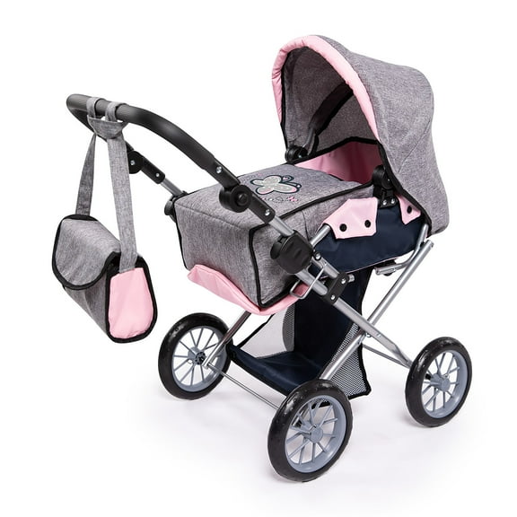 Bayer Design Grey/Pink Doll Pram City Star W/ Handbag, Convertible to a Pushchair, Adjustable Handle, Foldable, Integrated Basket, Ages 3 