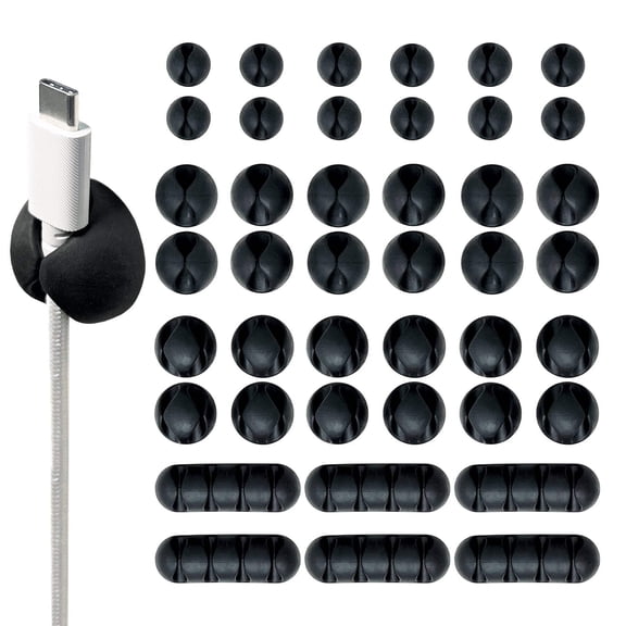 Wrap-It Storage Cable Clips - (Assorted 42-Pack) Black - Desk and Nightstand Cable Holder for Phone and Bedside Table Cord Organizer
