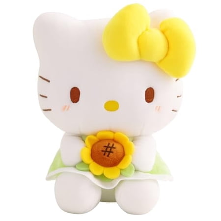 AlphaDesignLuxe 13″ Kitty Plush Toy – Kawaii Cat Stuffed Animal with Yellow Bow & Sunflower Soft Plush Doll Gift for Kids Teens & Collectors