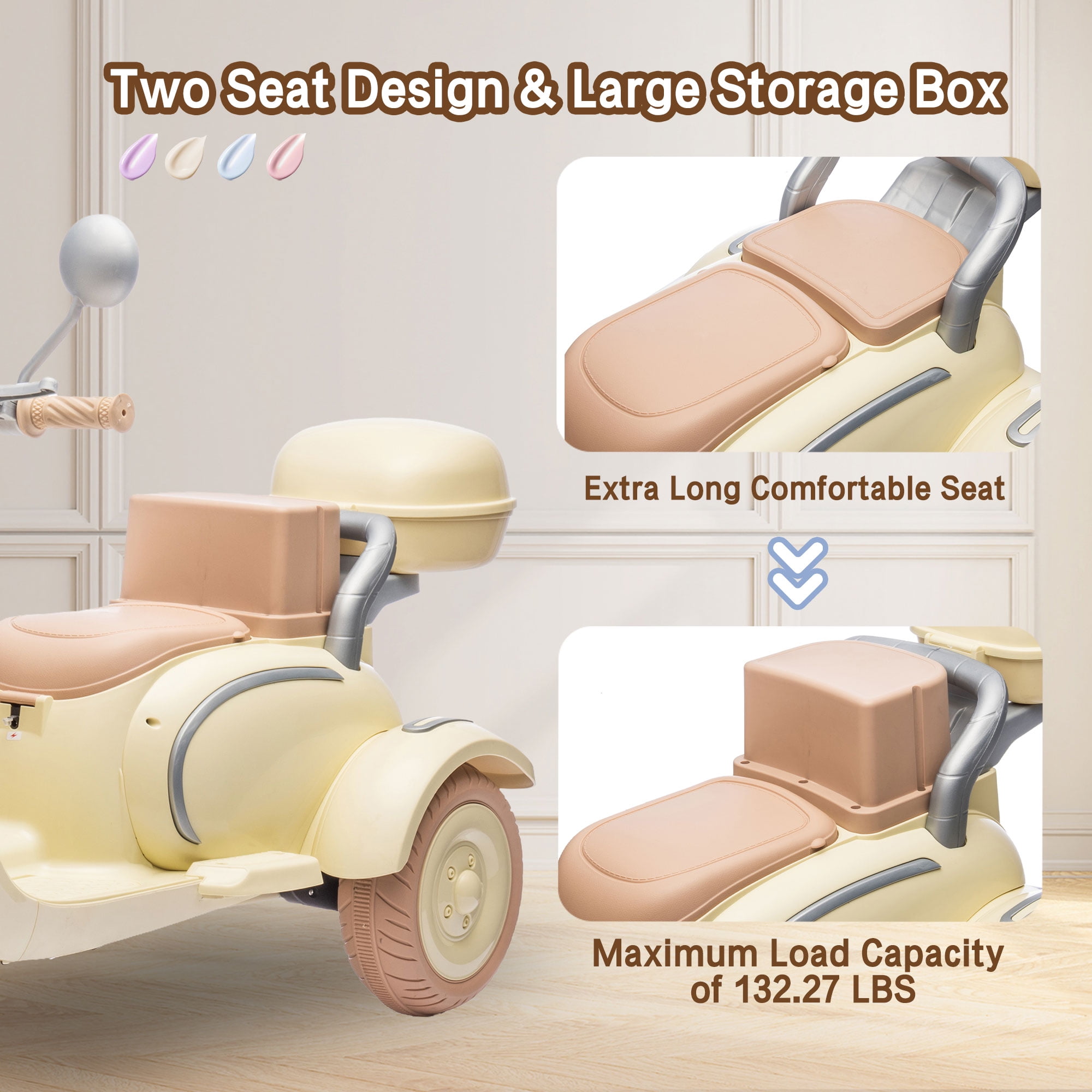 Xuanlur 12V Kids Electric Motorcycle, 3 Wheel 2 Seater Ride on Motorcycle w/Remote Control, 25W*2 Motors Electric Motorcycle w/Big Storage Box, Music, Horn, Light, Ride on Toys for Kids 3-8, Beige